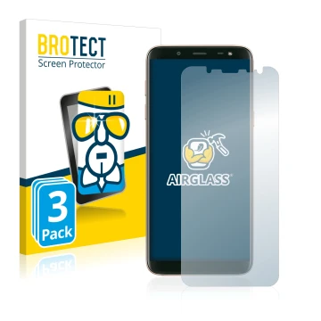 Face avant d’un emballage produit avec le logo de la marque BROTECT. À côté, l’appareil Samsung Galaxy J6 2018 est représenté 