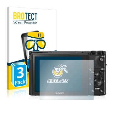 Face avant d’un emballage produit avec le logo de la marque BROTECT. À côté, l’appareil Sony Cyber-Shot DSC-RX100 VI est repré