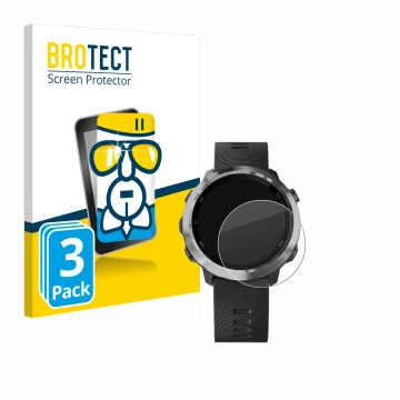 Face avant d’un emballage produit avec le logo de la marque BROTECT. À côté, l’appareil Garmin Forerunner 645 Music est représ