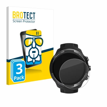 Face avant d’un emballage produit avec le logo de la marque BROTECT. À côté, l’appareil Suunto 9 est représenté avec la protec