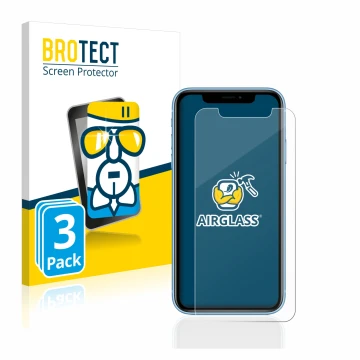 Face avant d’un emballage produit avec le logo de la marque BROTECT. À côté, l’appareil Apple iPhone XR est représenté avec la