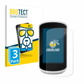 Face avant d’un emballage produit avec le logo de la marque BROTECT. À côté, l’appareil Garmin Edge Explore 2018 est représent