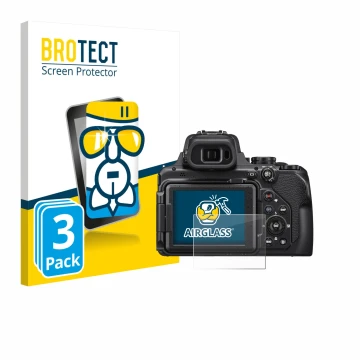 Face avant d’un emballage produit avec le logo de la marque BROTECT. À côté, l’appareil Nikon Coolpix P1000 est représenté ave