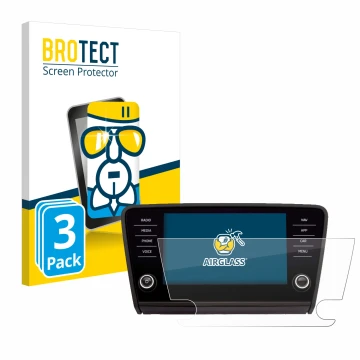 Face avant d’un emballage produit avec le logo de la marque BROTECT. À côté, l’appareil Skoda Amundsen Superb 2018 Infotainmen