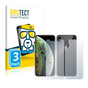 Face avant d’un emballage produit avec le logo de la marque BROTECT. À côté, l’appareil Apple iPhone Xs (Avant+Arrière) est re