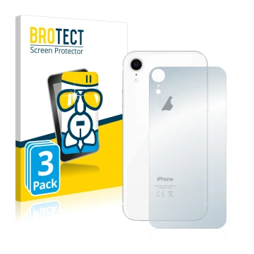 Face avant d’un emballage produit avec le logo de la marque BROTECT. À côté, l’appareil Apple iPhone XR (Le dos) est représent
