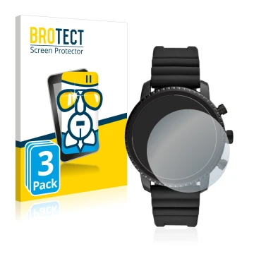 Face avant d’un emballage produit avec le logo de la marque BROTECT. À côté, l’appareil Fossil Q Explorist HR (4.Gen) est repr