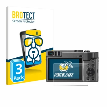 Face avant d’un emballage produit avec le logo de la marque BROTECT. À côté, l’appareil Panasonic Lumix DC-TZ90 est représenté
