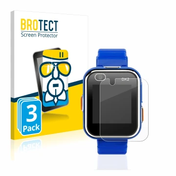 Face avant d’un emballage produit avec le logo de la marque BROTECT. À côté, l’appareil Vtech Kidizoom Smart Watch DX2 est rep