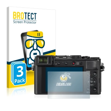 Face avant d’un emballage produit avec le logo de la marque BROTECT. À côté, l’appareil Panasonic Lumix DC-LX100 II est représ