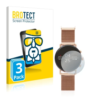 Face avant d’un emballage produit avec le logo de la marque BROTECT. À côté, l’appareil Skagen Smartwatch Falster 40mm est rep