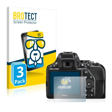 Face avant d’un emballage produit avec le logo de la marque BROTECT. À côté, l’appareil Nikon D3500 est représenté avec la pro