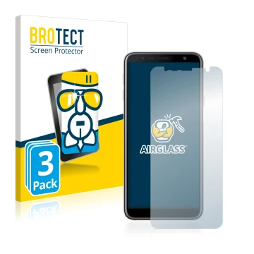 Face avant d’un emballage produit avec le logo de la marque BROTECT. À côté, l’appareil Samsung Galaxy J4 Plus est représenté 