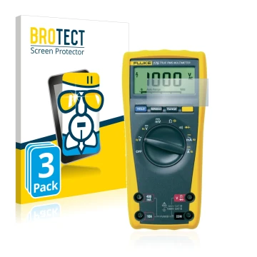 Face avant d’un emballage produit avec le logo de la marque BROTECT. À côté, l’appareil Fluke MultiMeter 175 est représenté av