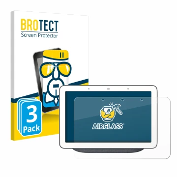 Face avant d’un emballage produit avec le logo de la marque BROTECT. À côté, l’appareil Google Home Hub est représenté avec la