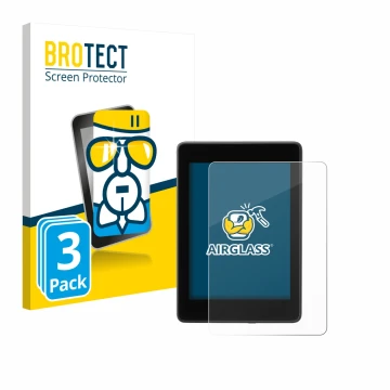 Face avant d’un emballage produit avec le logo de la marque BROTECT. À côté, l’appareil Amazon Kindle Paperwhite 2018 (10ème G