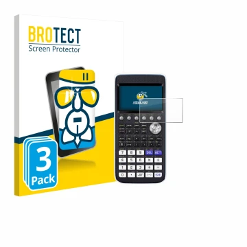 Face avant d’un emballage produit avec le logo de la marque BROTECT. À côté, l’appareil Casio FX-CG50 est représenté avec la p