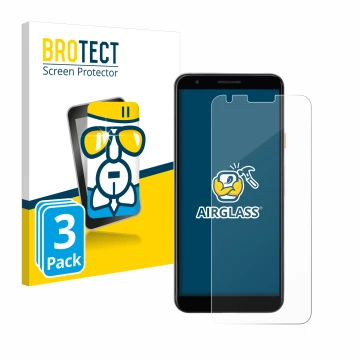 Face avant d’un emballage produit avec le logo de la marque BROTECT. À côté, l’appareil Google Pixel 3a est représenté avec la