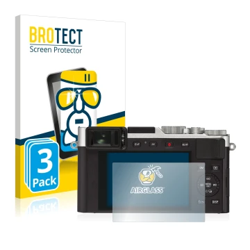 Face avant d’un emballage produit avec le logo de la marque BROTECT. À côté, l’appareil Leica D-Lux 7 est représenté avec la p