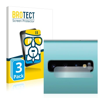 Face avant d’un emballage produit avec le logo de la marque BROTECT. À côté, l’appareil Samsung Galaxy S10 Plus (Caméra UNIQUE