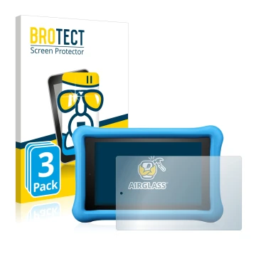 Face avant d’un emballage produit avec le logo de la marque BROTECT. À côté, l’appareil Amazon Fire HD 8 Kids Edition 2018 (8è