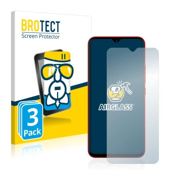 Face avant d’un emballage produit avec le logo de la marque BROTECT. À côté, l’appareil Umidigi F1 est représenté avec la prot