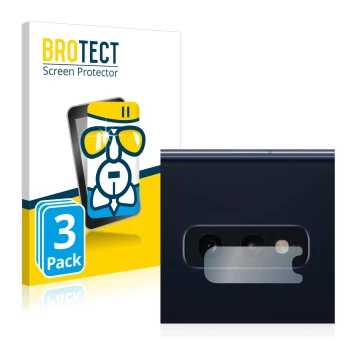 Face avant d’un emballage produit avec le logo de la marque BROTECT. À côté, l’appareil Samsung Galaxy S10e (Caméra UNIQUEMENT