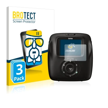 Face avant d’un emballage produit avec le logo de la marque BROTECT. À côté, l’appareil Fujifilm Instax Square SQ20 est représ