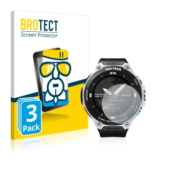 Face avant d’un emballage produit avec le logo de la marque BROTECT. À côté, l’appareil Casio Pro Trek Smart WSD-F20 est repré