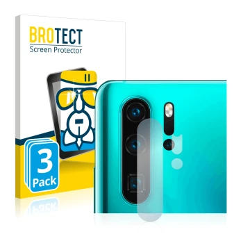 Face avant d’un emballage produit avec le logo de la marque BROTECT. À côté, l’appareil Huawei P30 Pro (Caméra UNIQUEMENT) est