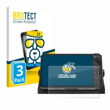 Face avant d’un emballage produit avec le logo de la marque BROTECT. À côté, l’appareil Lowrance HDS 9 Live Echolot est représ