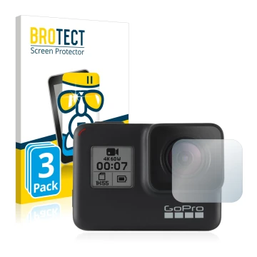 Face avant d’un emballage produit avec le logo de la marque BROTECT. À côté, l’appareil GoPro Hero 7 Black (Lentille) est repr