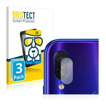 Face avant d’un emballage produit avec le logo de la marque BROTECT. À côté, l’appareil Xiaomi Redmi Note 7 (Caméra UNIQUEMENT