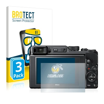 Face avant d’un emballage produit avec le logo de la marque BROTECT. À côté, l’appareil Nikon Coolpix A1000 est représenté ave
