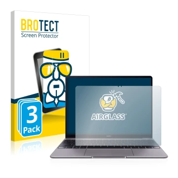 Face avant d’un emballage produit avec le logo de la marque BROTECT. À côté, l’appareil Huawei MateBook 13 2019 est représenté