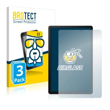 Face avant d’un emballage produit avec le logo de la marque BROTECT. À côté, l’appareil Samsung Galaxy Tab S5e LTE 2019 est re