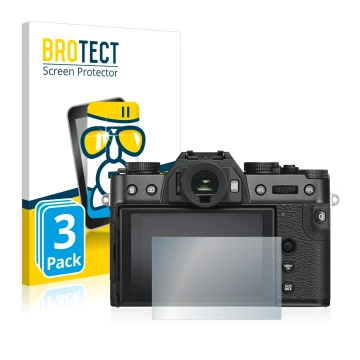 Face avant d’un emballage produit avec le logo de la marque BROTECT. À côté, l’appareil Fujifilm X-T30 est représenté avec la 