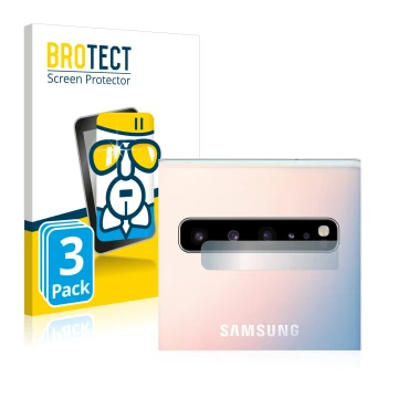 Face avant d’un emballage produit avec le logo de la marque BROTECT. À côté, l’appareil Samsung Galaxy S10 5G (Caméra UNIQUEME