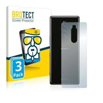 Face avant d’un emballage produit avec le logo de la marque BROTECT. À côté, l’appareil Sony Xperia 1 (Arrière) est représenté