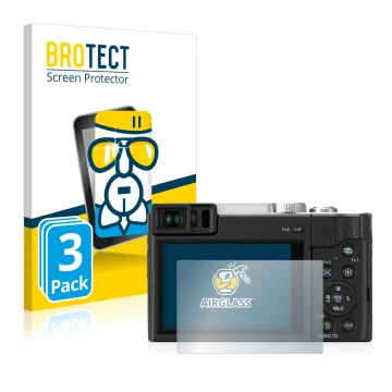 Face avant d’un emballage produit avec le logo de la marque BROTECT. À côté, l’appareil Panasonic Lumix DC-TZ96 est représenté
