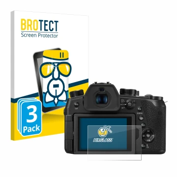 Face avant d’un emballage produit avec le logo de la marque BROTECT. À côté, l’appareil Panasonic Lumix DC-FZ1000 II est repré