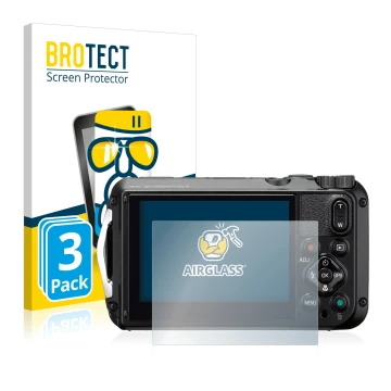 Face avant d’un emballage produit avec le logo de la marque BROTECT. À côté, l’appareil Ricoh WG-6 est représenté avec la prot