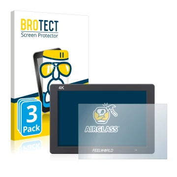 Face avant d’un emballage produit avec le logo de la marque BROTECT. À côté, l’appareil Feelworld T7 7