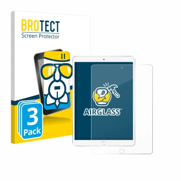 Face avant d’un emballage produit avec le logo de la marque BROTECT. À côté, l’appareil Apple iPad Air 2019 (3ème Gen.) est re