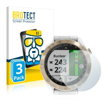 Face avant d’un emballage produit avec le logo de la marque BROTECT. À côté, l’appareil Garmin Approach S40 est représenté ave
