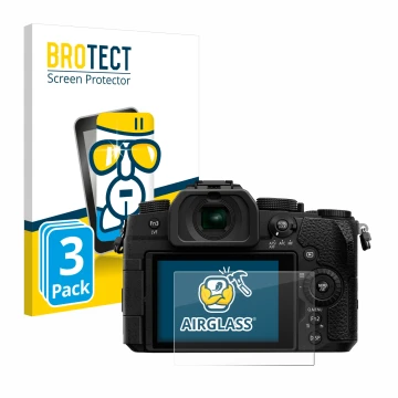 Face avant d’un emballage produit avec le logo de la marque BROTECT. À côté, l’appareil Panasonic Lumix DC-G91 est représenté 