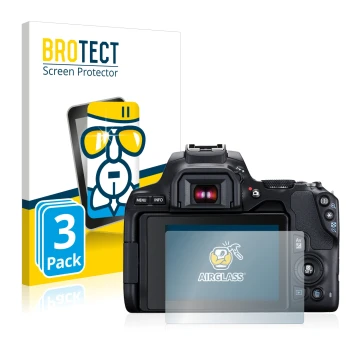 Face avant d’un emballage produit avec le logo de la marque BROTECT. À côté, l’appareil Canon EOS 250D est représenté avec la 