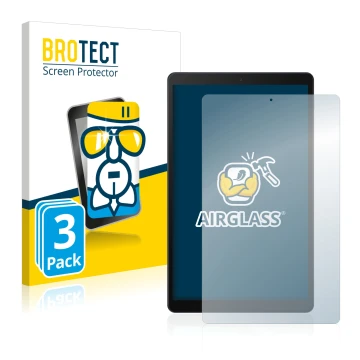 Face avant d’un emballage produit avec le logo de la marque BROTECT. À côté, l’appareil Samsung Galaxy Tab A 10.1 2019 est rep