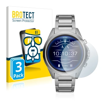 Face avant d’un emballage produit avec le logo de la marque BROTECT. À côté, l’appareil Emporio Armani Connected Exchange AXT2