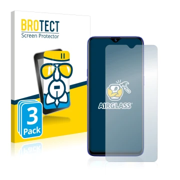 Face avant d’un emballage produit avec le logo de la marque BROTECT. À côté, l’appareil realme 3 Pro est représenté avec la pr